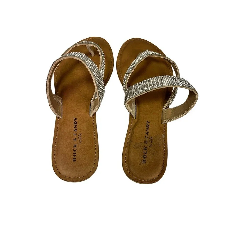 Rock & Candy by Zigi Slide Sandals Womens 7.5 Beige/Tan Rhinestone Thong Flat